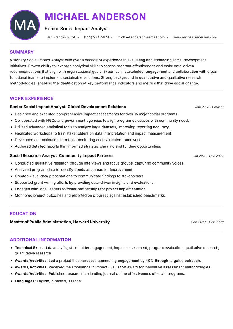 Social Impact Analyst Resume Preview Example