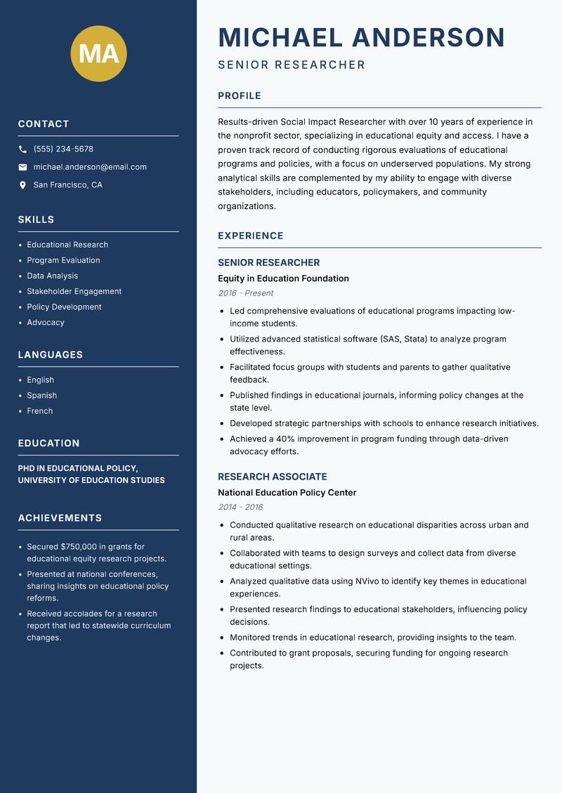 Social Impact Researcher Resume Preview Example
