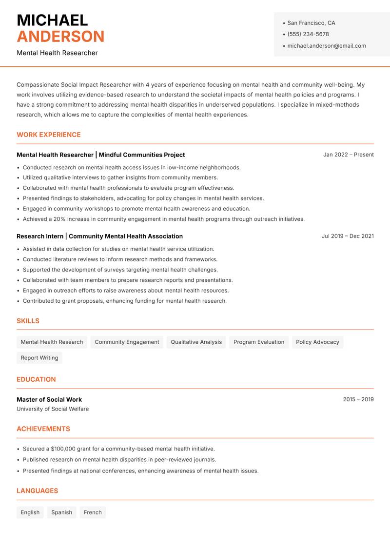 Social Impact Researcher Resume Template