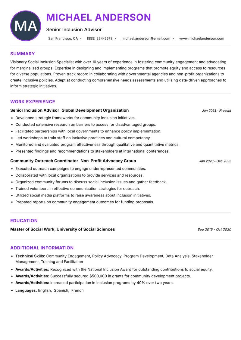Social Inclusion Specialist Resume Preview Example