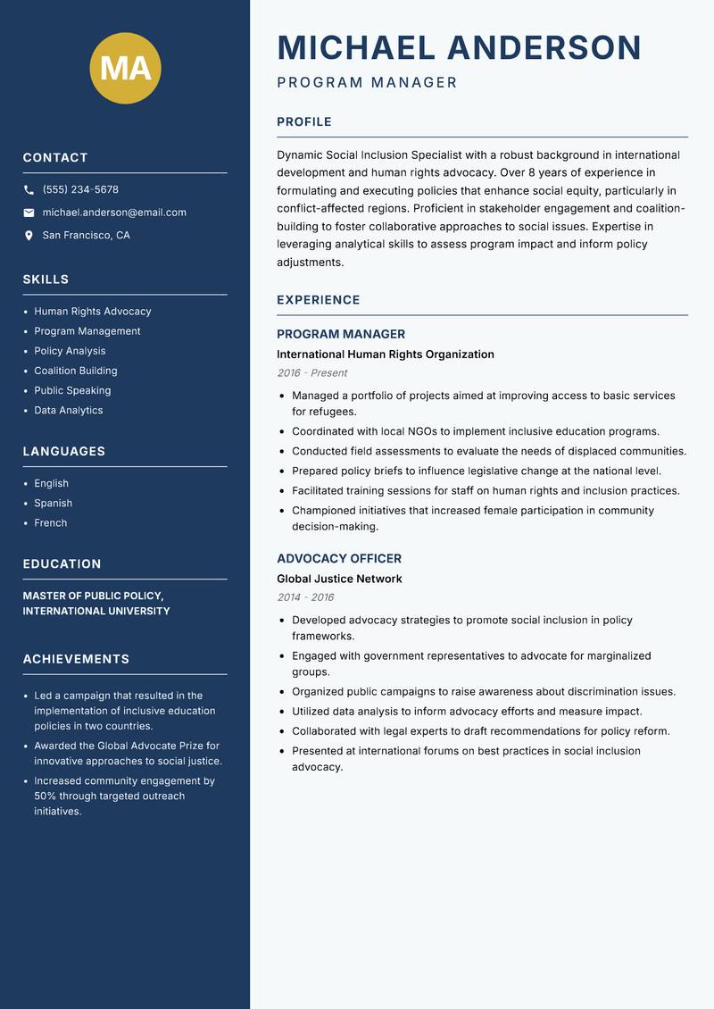 Social Inclusion Specialist Resume Preview Example