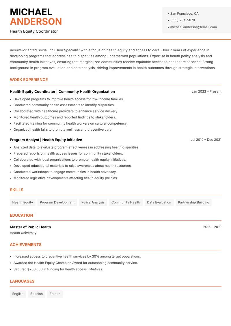 Social Inclusion Specialist Resume Template