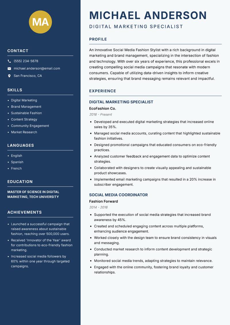 Social Media Fashion Stylist Resume Preview Example