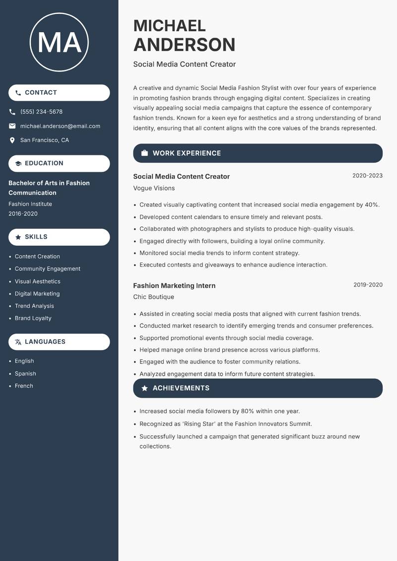 Social Media Fashion Stylist Resume Preview Example