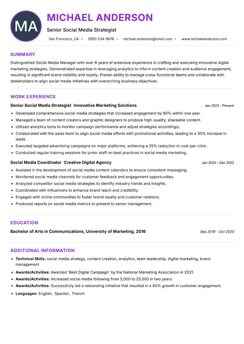 Social Media Manager Resume Preview Example
