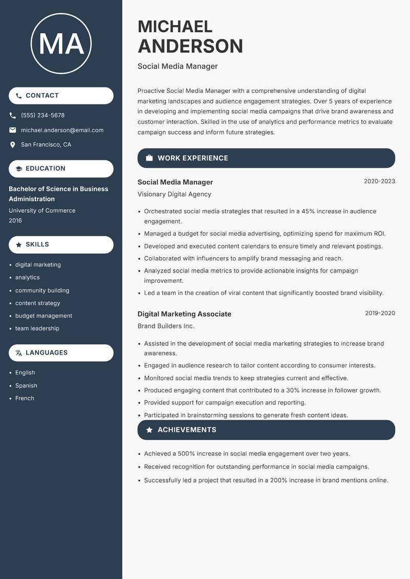 Social Media Manager Resume Preview Example
