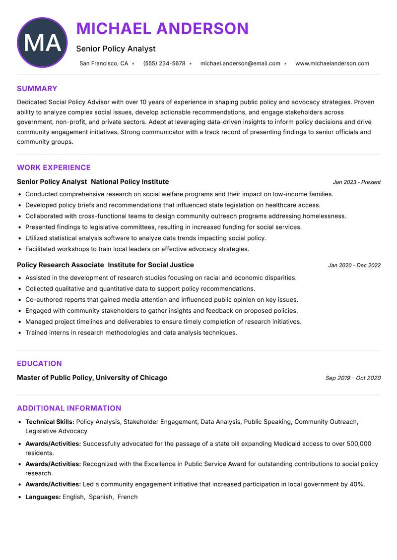 Social Policy Advisor Resume Preview Example
