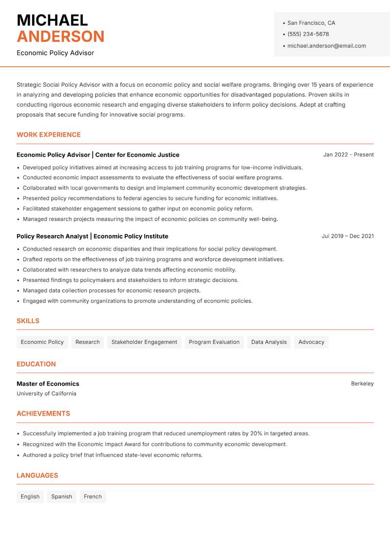 Social Policy Advisor Resume Template