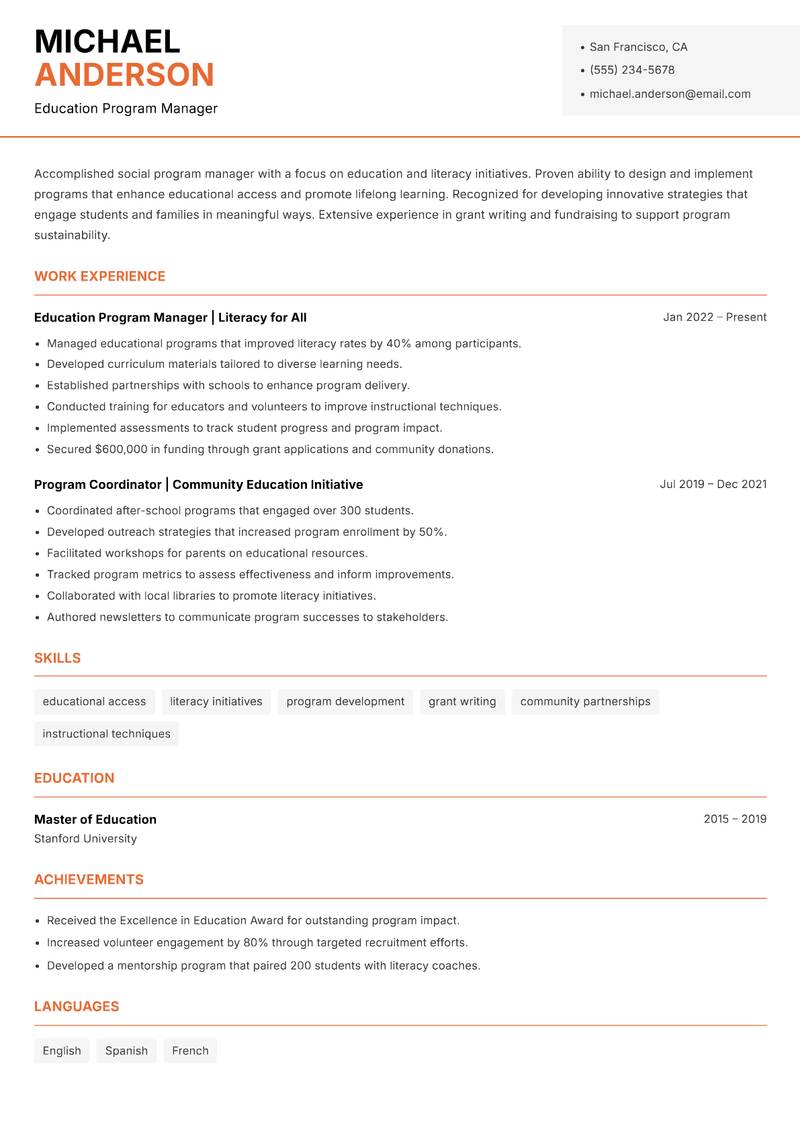 Social Program Manager Resume Template