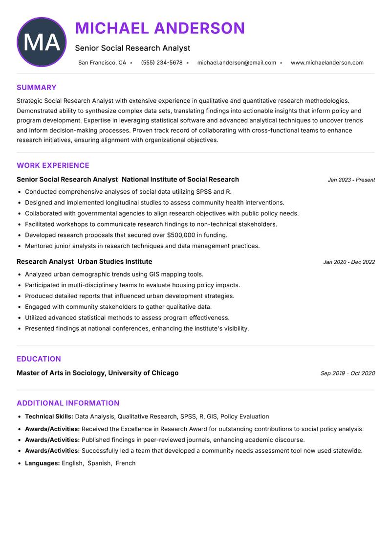 Social Research Analyst Resume Preview Example