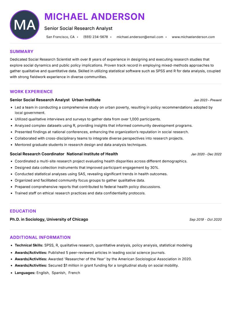 Social Research Scientist Resume Preview Example