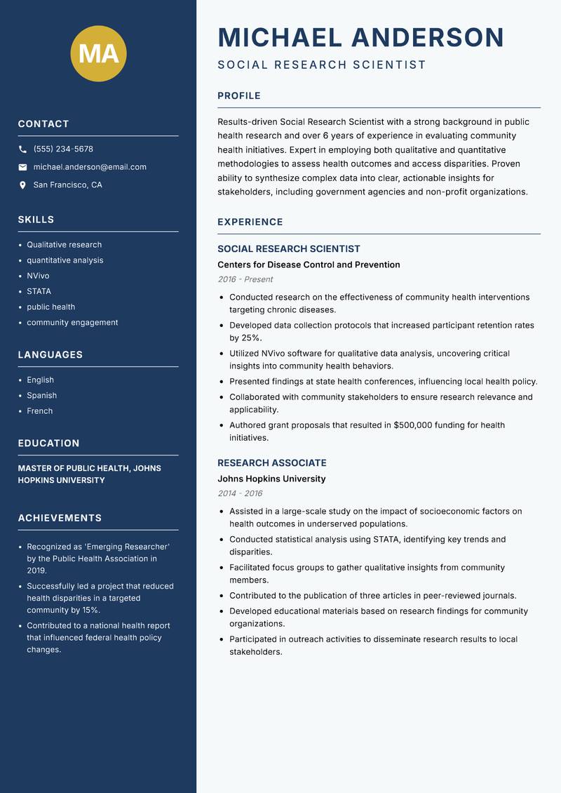 Social Research Scientist Resume Preview Example