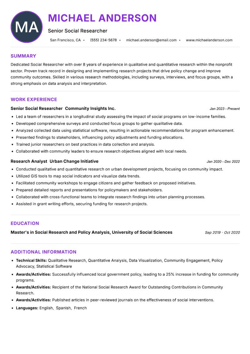 Social Researcher Resume Preview Example