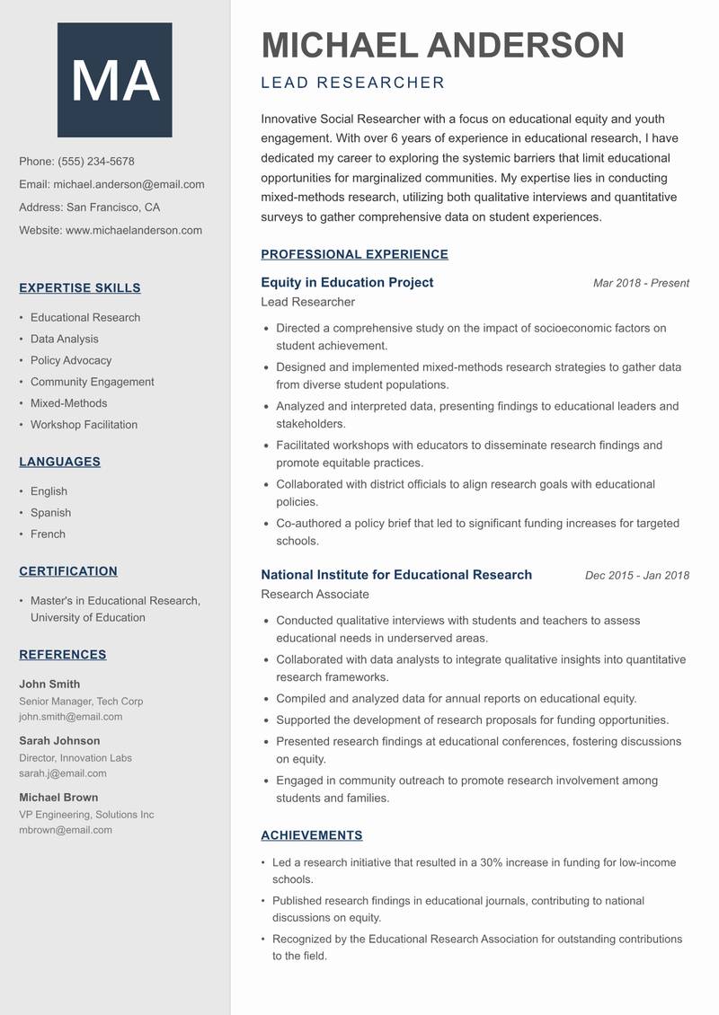 Social Researcher Resume Preview Example