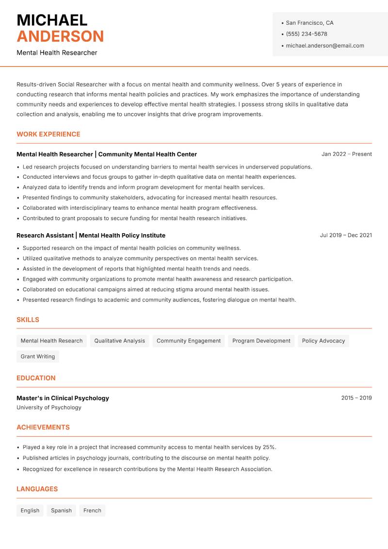 Social Researcher Resume Template