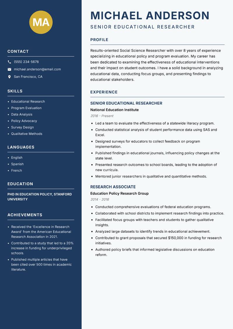 Social Science Researcher Resume Preview Example