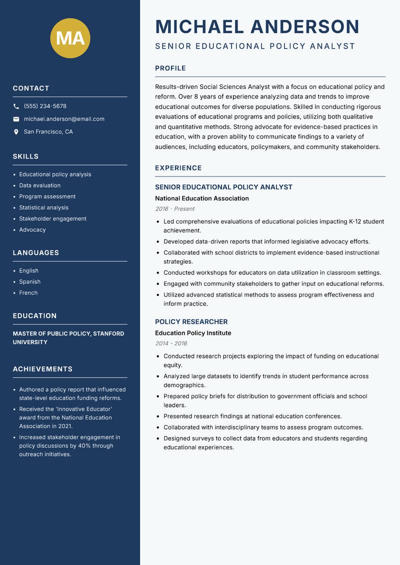 Social Sciences Analyst Resume Preview Example