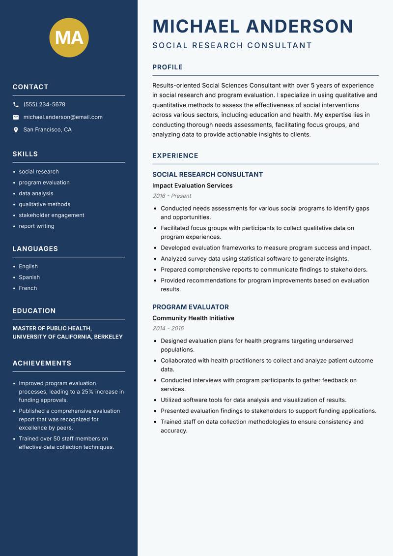 Social Sciences Consultant Resume Preview Example