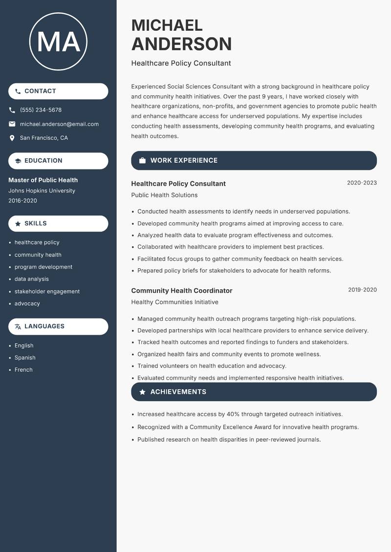 Social Sciences Consultant Resume Preview Example
