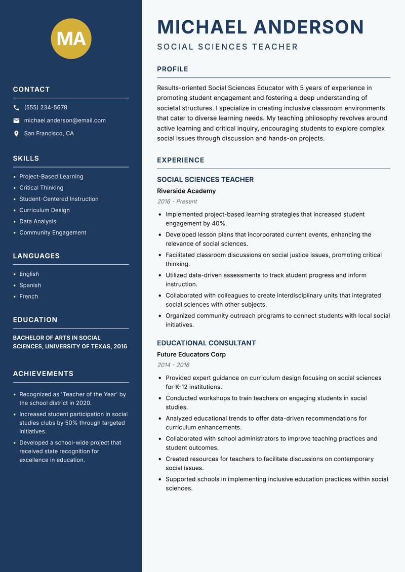 Social Sciences Educator Resume Preview Example