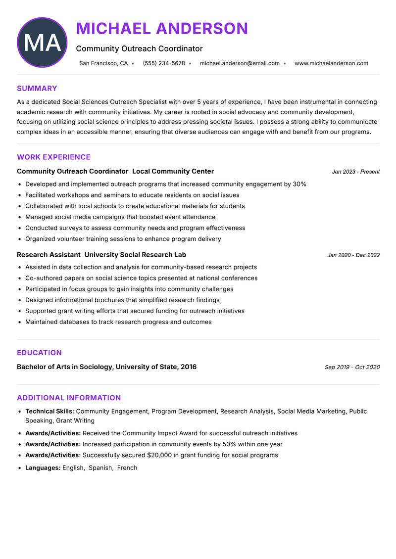 Social Sciences Outreach Specialist Resume Preview Example