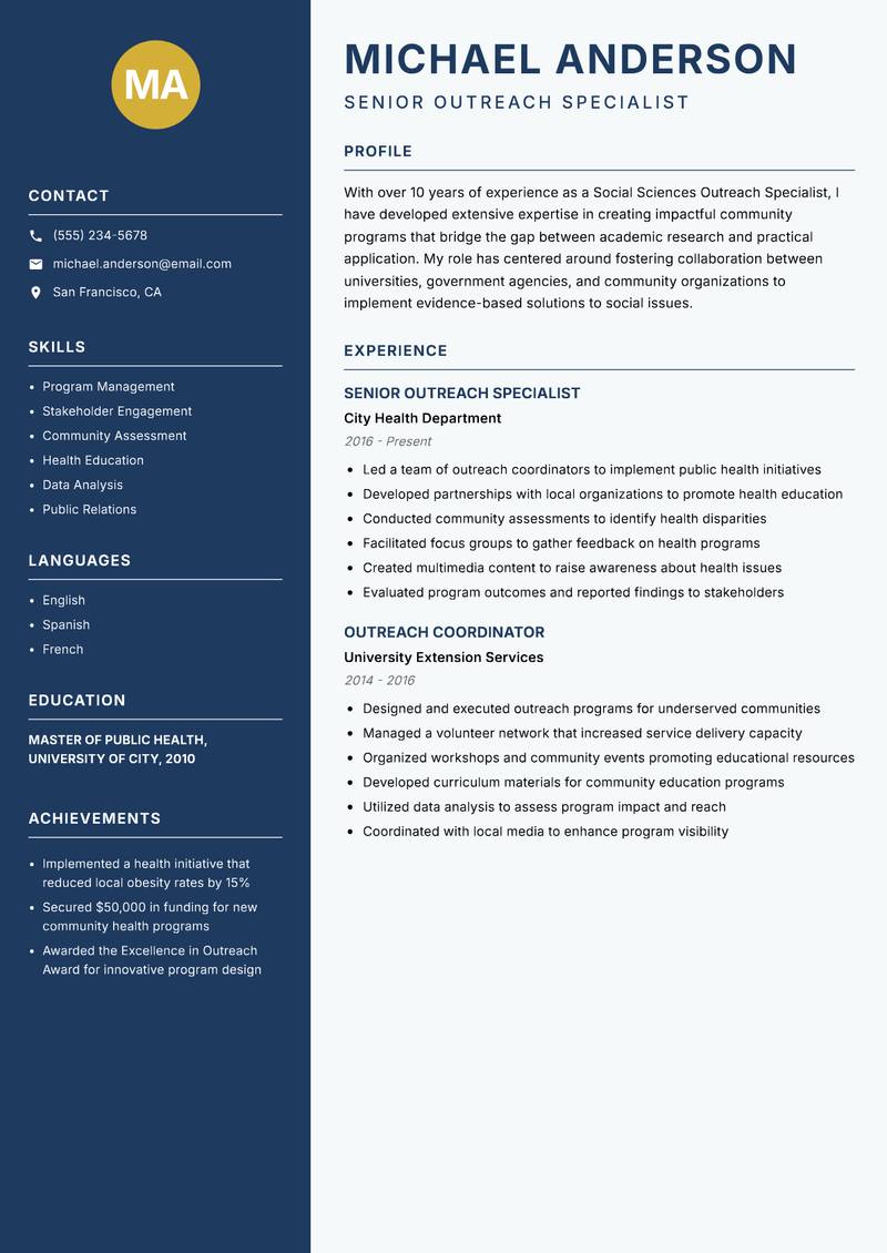 Social Sciences Outreach Specialist Resume Preview Example