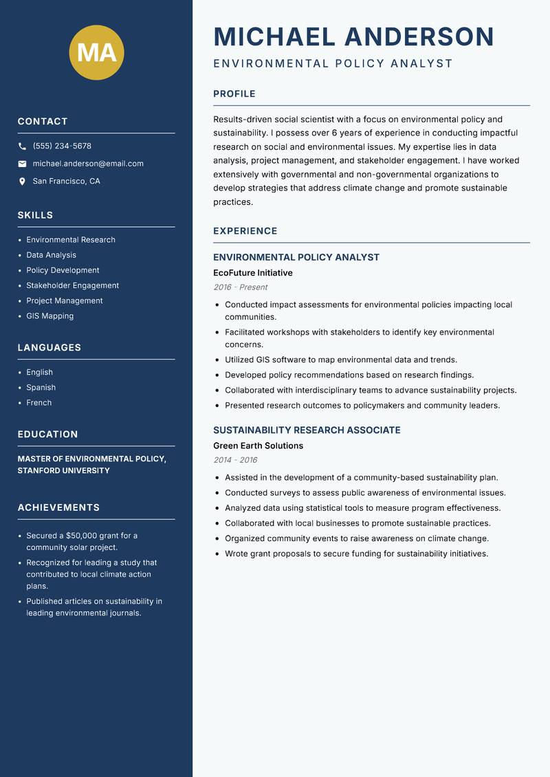 Social Scientist Resume Preview Example