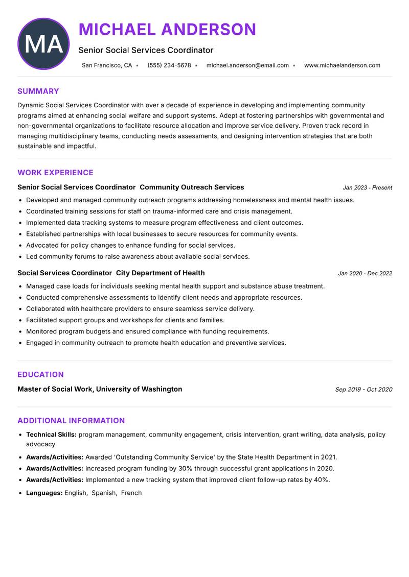 Social Services Coordinator Resume Preview Example