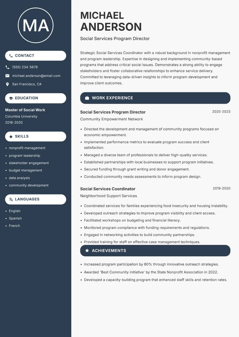 Social Services Coordinator Resume Preview Example