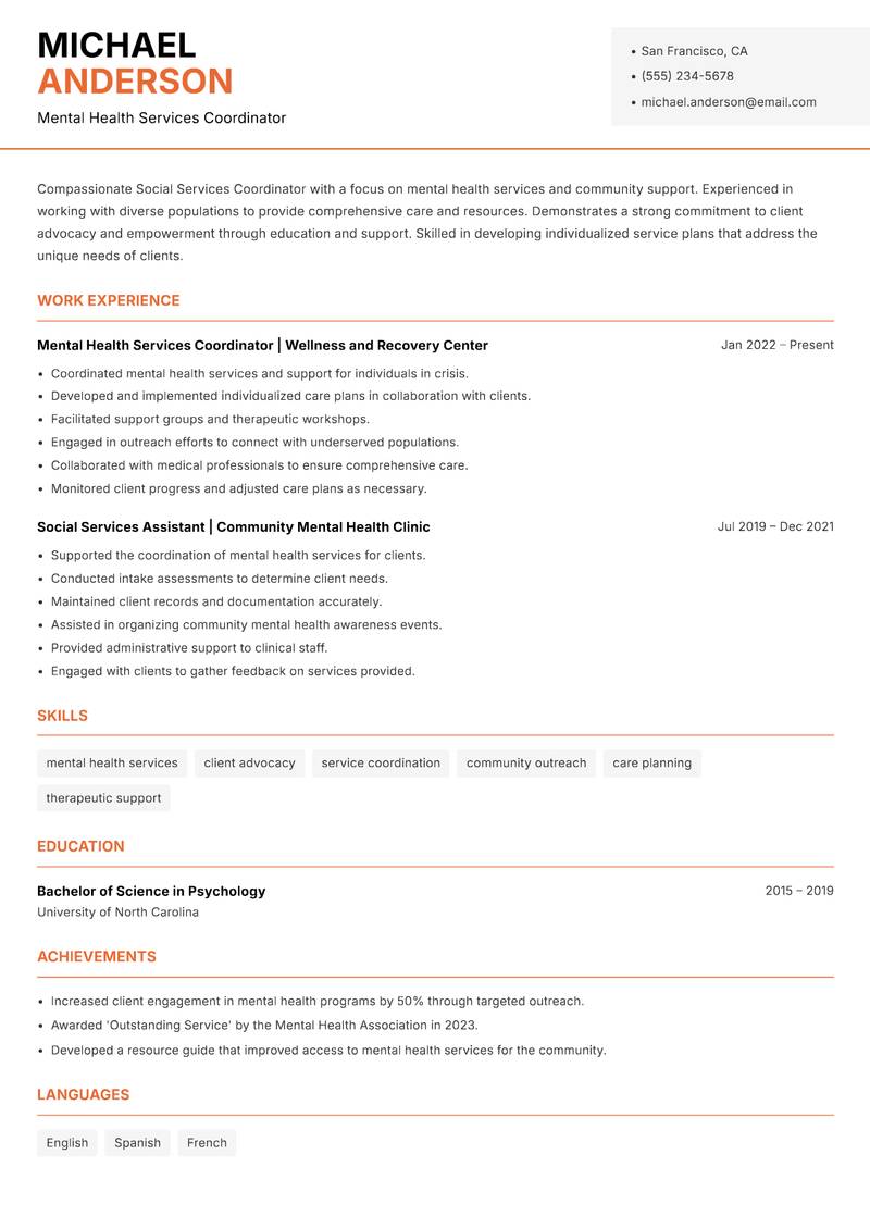 Social Services Coordinator Resume Template