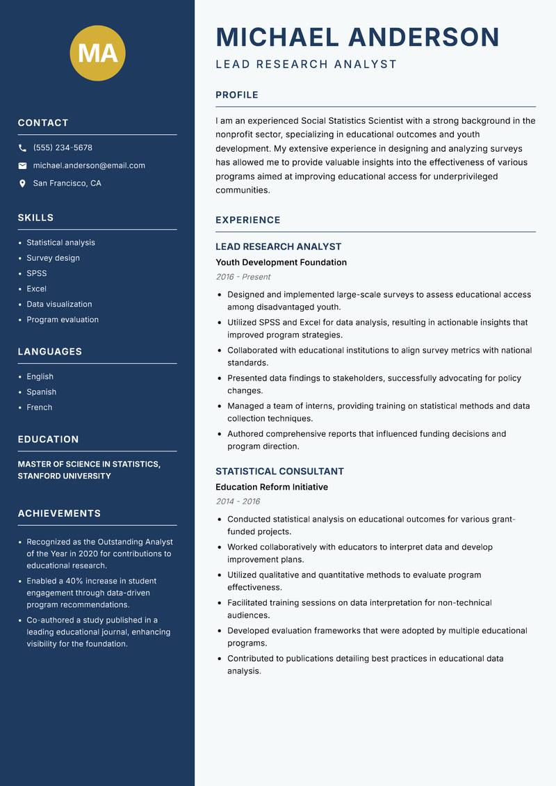 Social Statistics Scientist Resume Preview Example