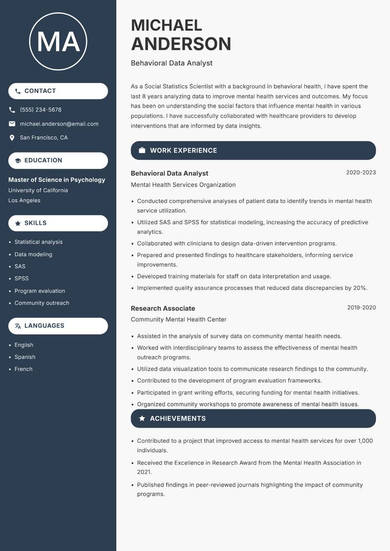 Social Statistics Scientist Resume Preview Example