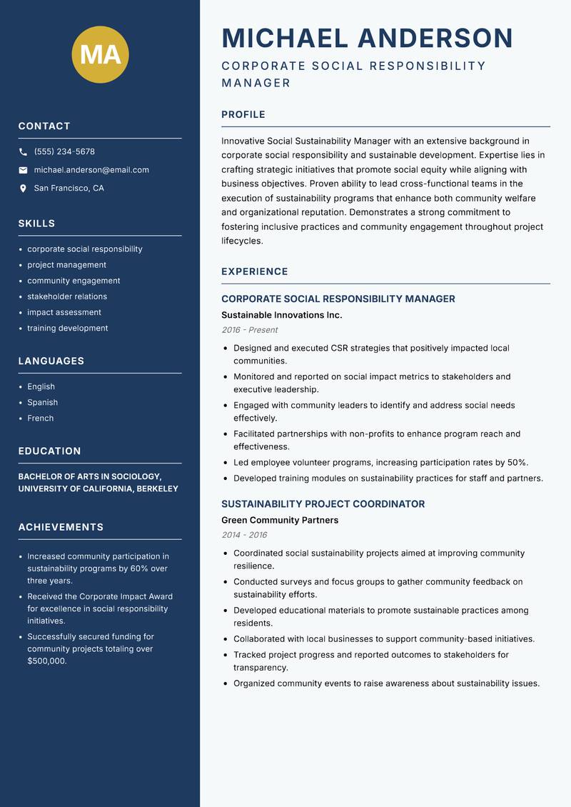 Social Sustainability Manager Resume Preview Example