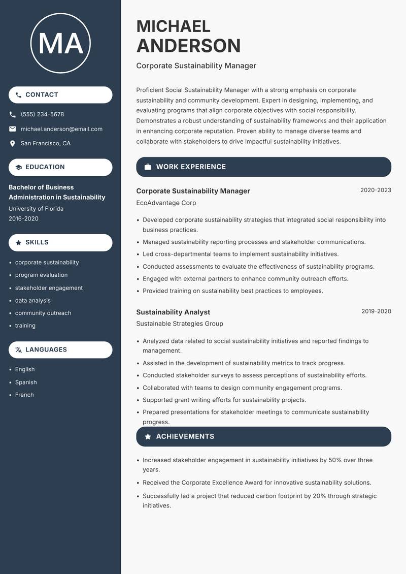 Social Sustainability Manager Resume Preview Example