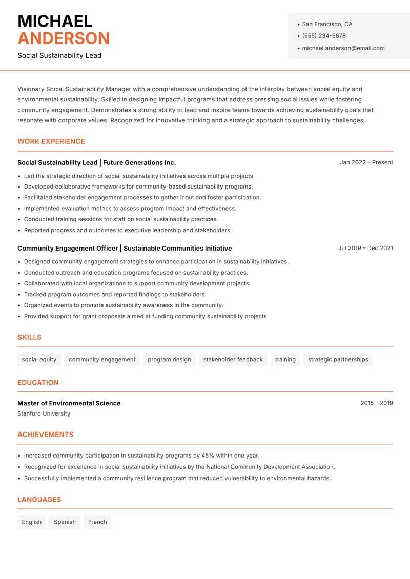 Social Sustainability Manager Resume Template