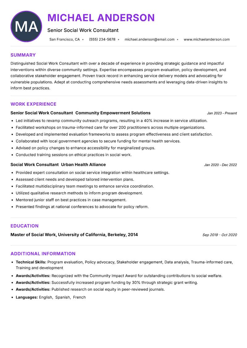 Social Work Consultant Resume Preview Example