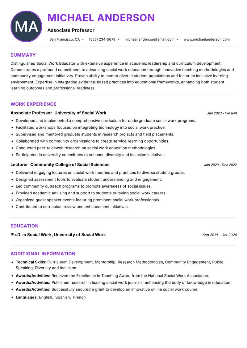 Social Work Educator Resume Preview Example