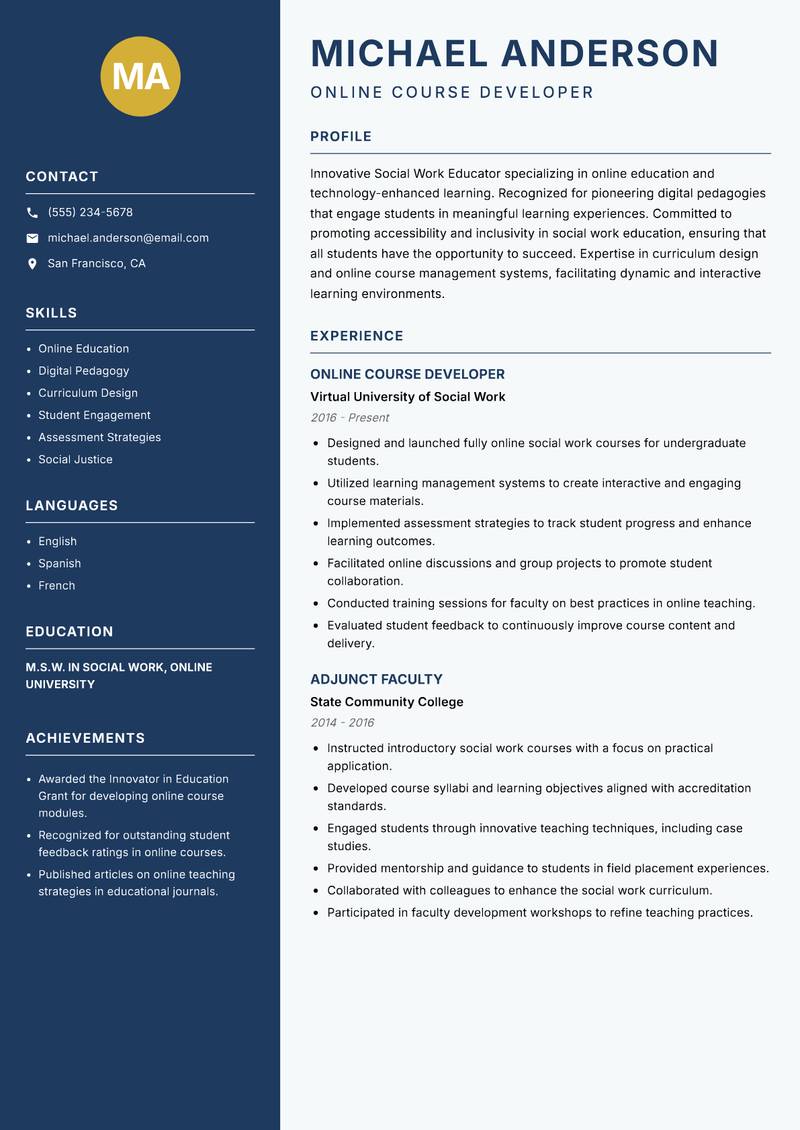 Social Work Educator Resume Preview Example