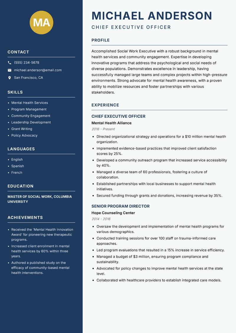 Social Work Executive Resume Preview Example