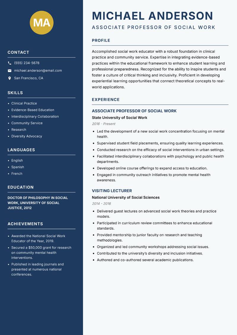 Social Work Instructor Resume Preview Example