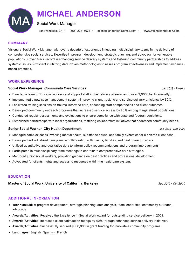 Social Work Manager Resume Preview Example