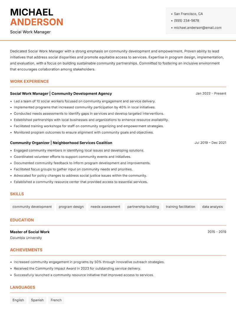 Social Work Manager Resume Template