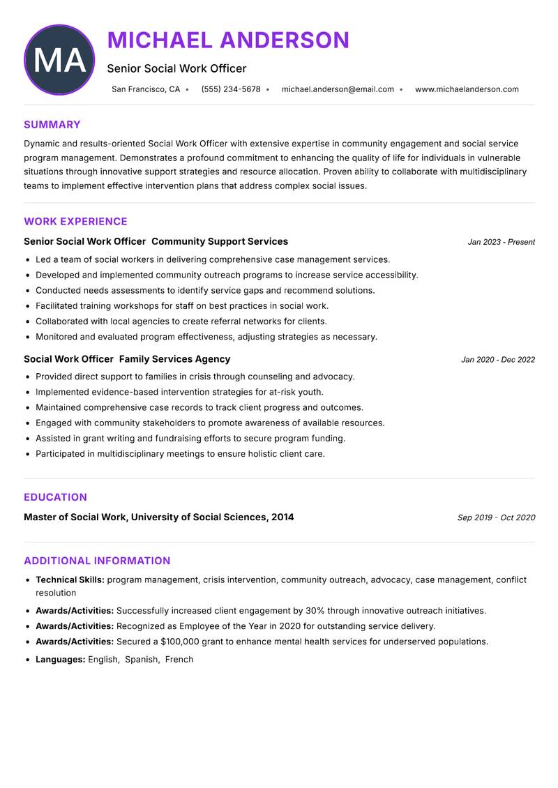 Social Work Officer Resume Preview Example