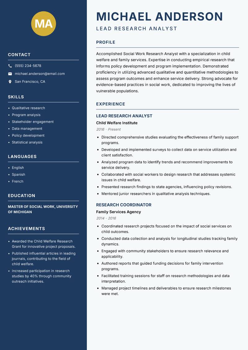 Social Work Research Analyst Resume Preview Example