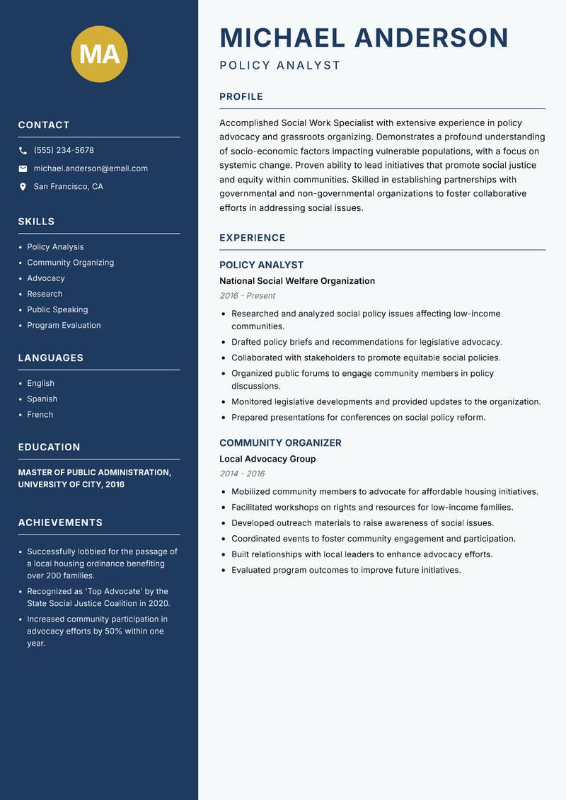 Social Work Specialist Resume Preview Example