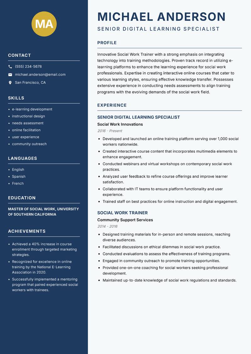 Social Work Trainer Resume Preview Example