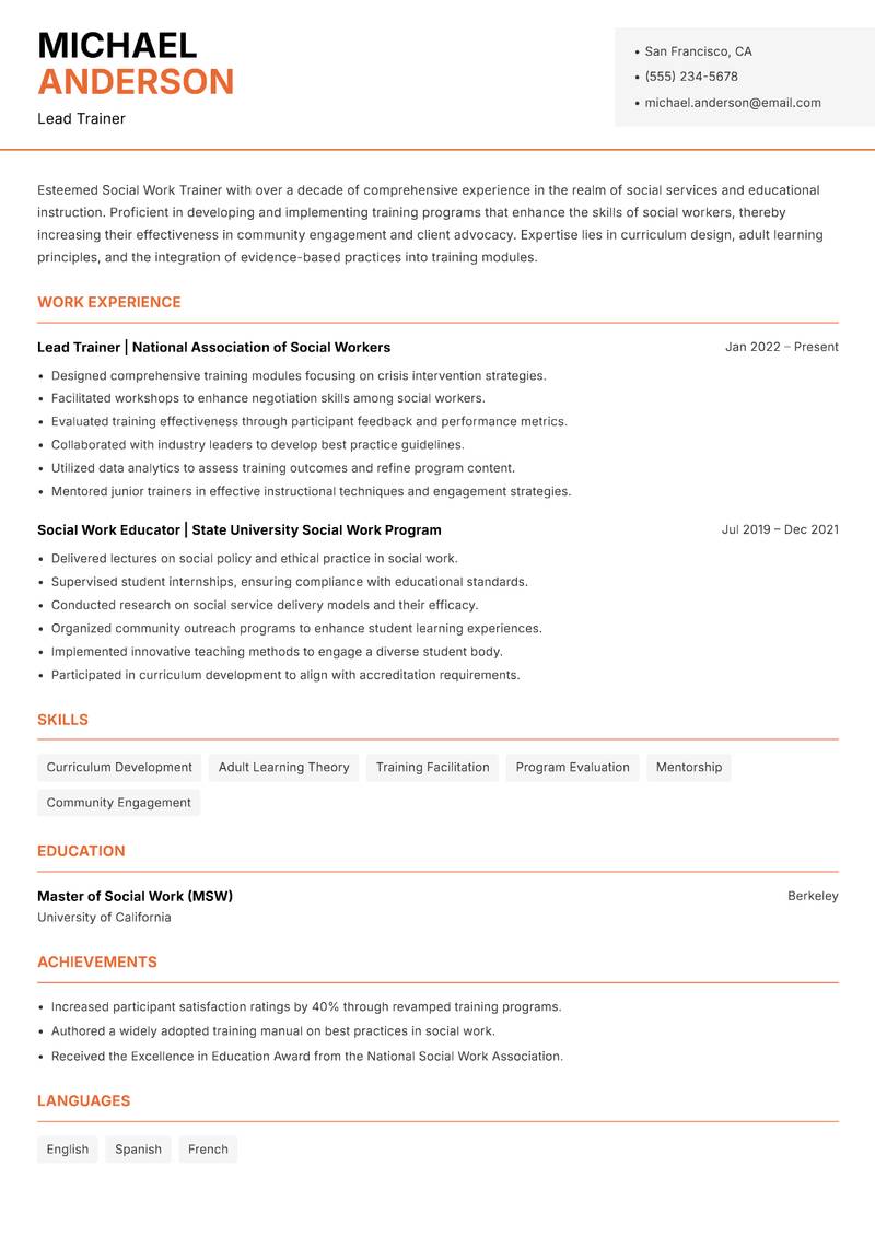 Social Work Trainer Resume Template