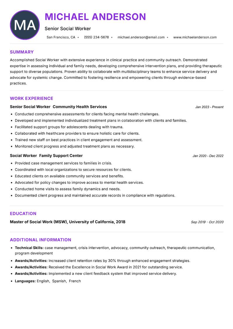 Social Worker Resume Preview Example