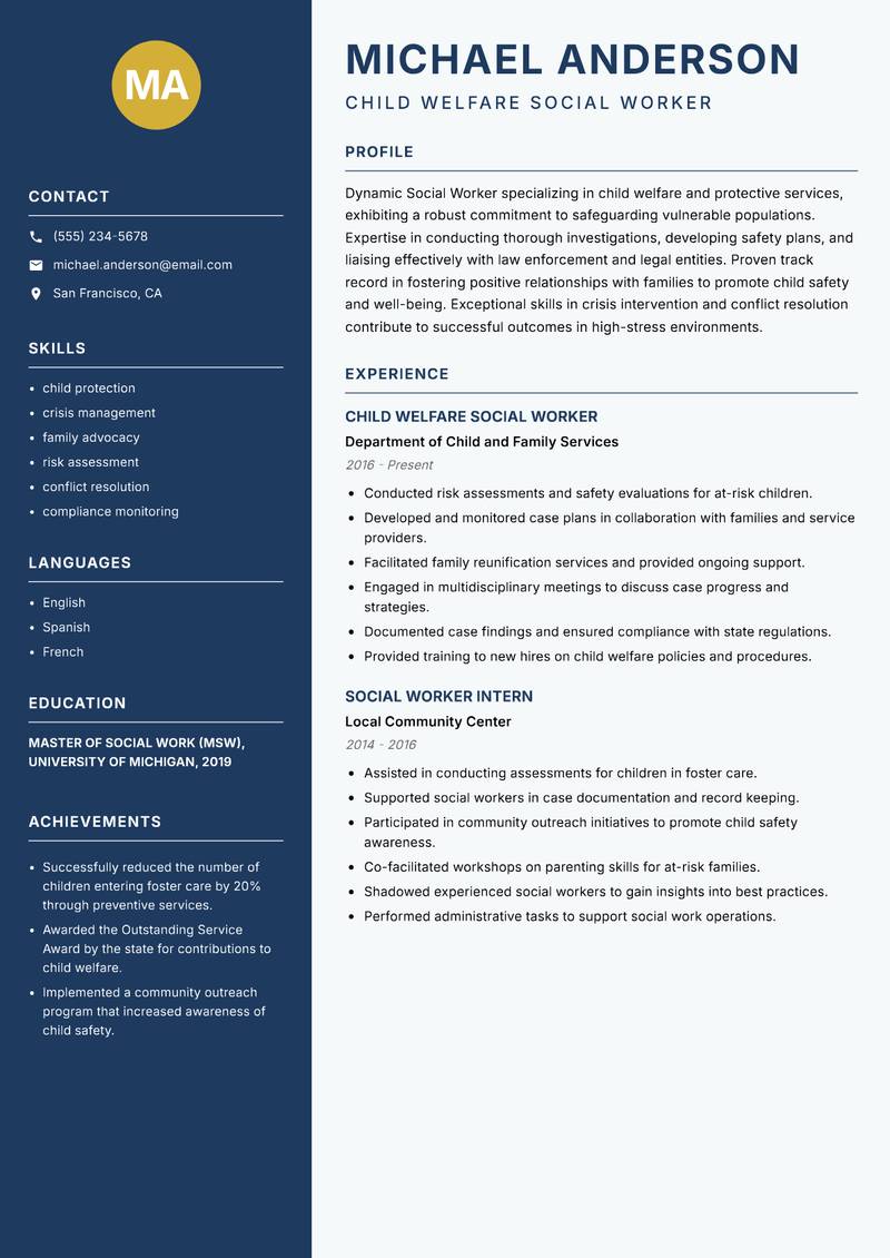 Social Worker Resume Preview Example