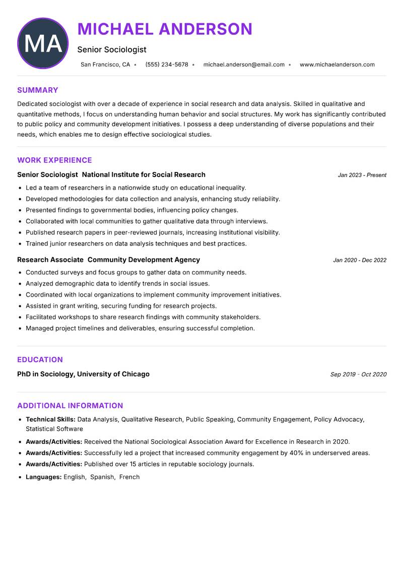 Sociologist Resume Preview Example